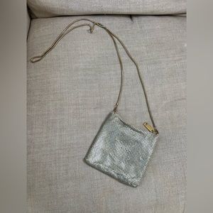 Whiting & Davis cross body clutch, gold straps, silver links